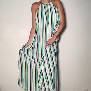 Line+Dot Blue Green & White Striped Pleat Dress